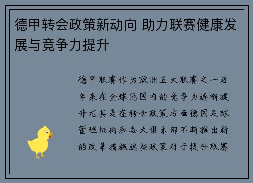 德甲转会政策新动向 助力联赛健康发展与竞争力提升
